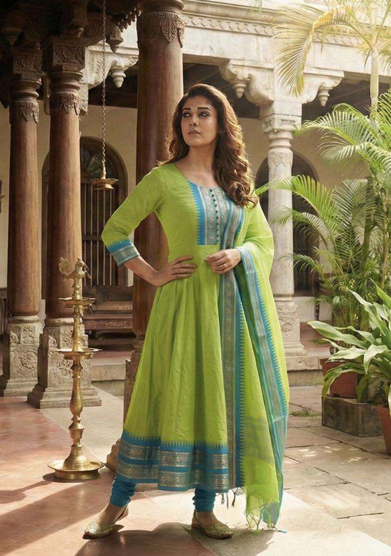 Parrot Weaving Work Cotton Kurta With Dupatta - Indya