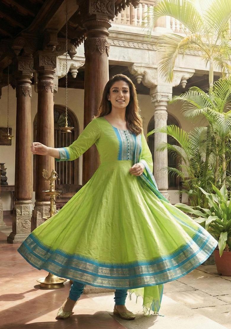 Parrot Weaving Work Cotton Kurta With Dupatta - Indya