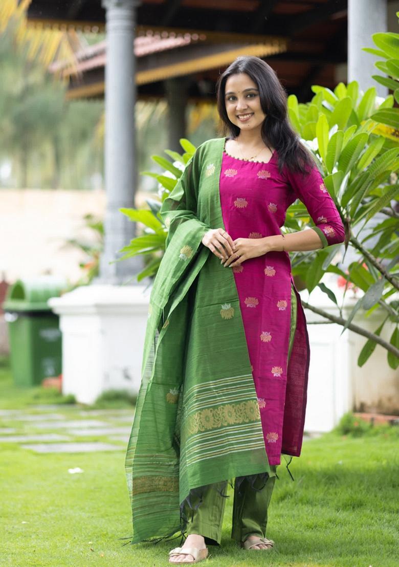 Rani Pink Weaving Work Cotton Kurta Set - Indya