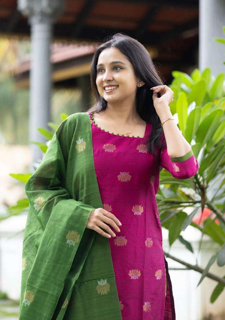 Rani Pink Weaving Work Cotton Kurta Set - Indya