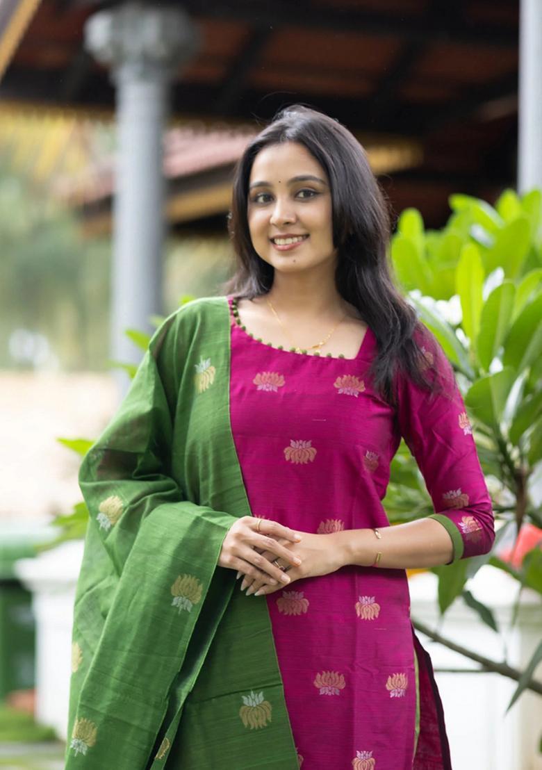 Rani Pink Weaving Work Cotton Kurta Set - Indya