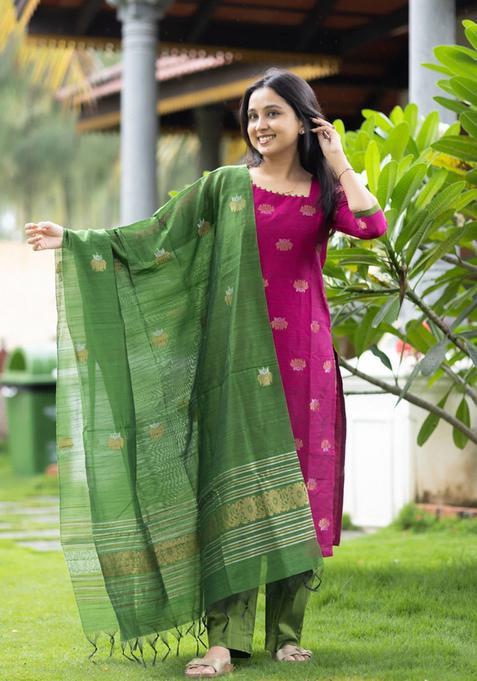 Rani Pink Weaving Work Cotton Kurta Set