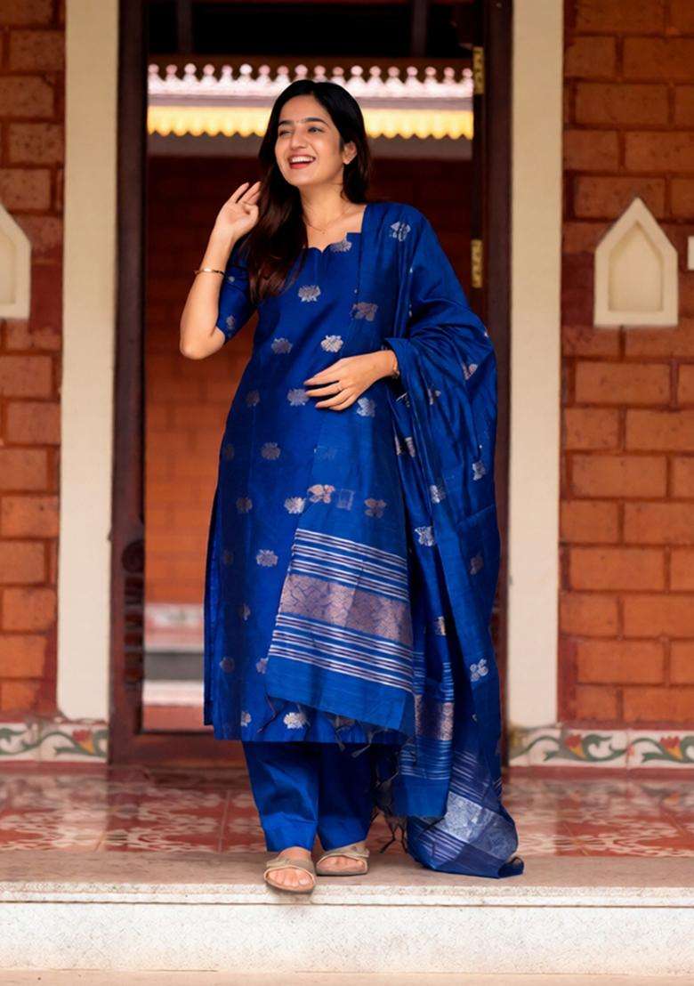 Blue Weaving Work Cotton Kurta Set - Indya