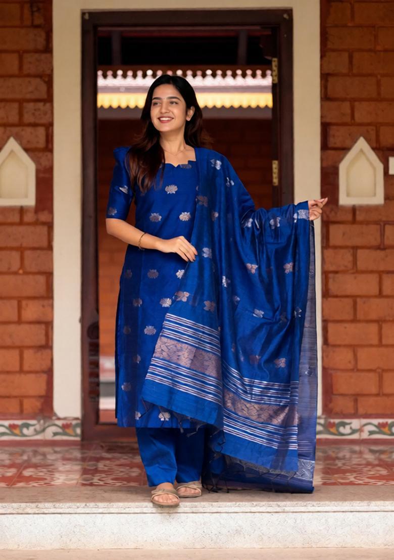 Blue Weaving Work Cotton Kurta Set - Indya
