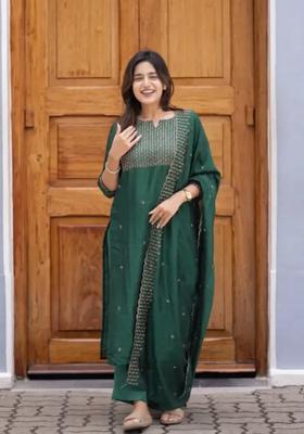 Green Weaving Work Cotton Kurta Set