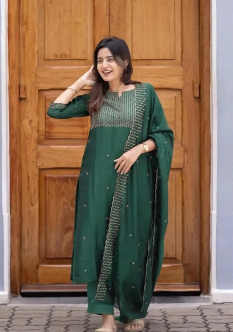 Green Weaving Work Cotton Kurta Set - Indya