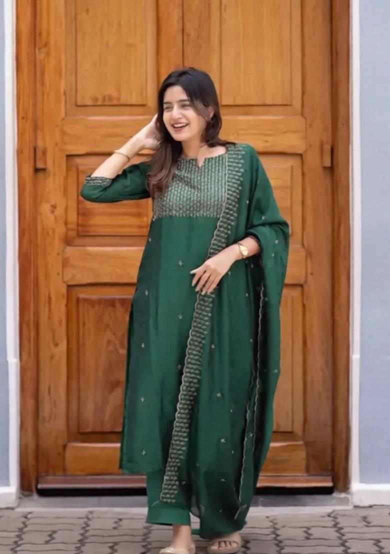 Green Weaving Work Cotton Kurta Set - Indya