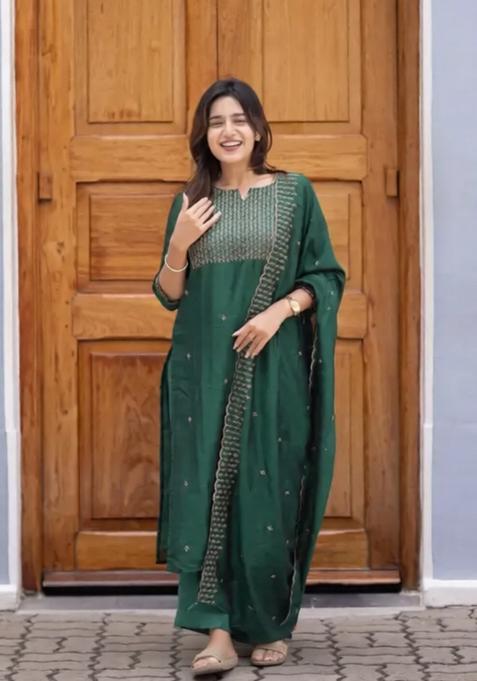 Green Weaving Work Cotton Kurta Set