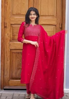 Rani Pink Weaving Work Cotton Kurta Set