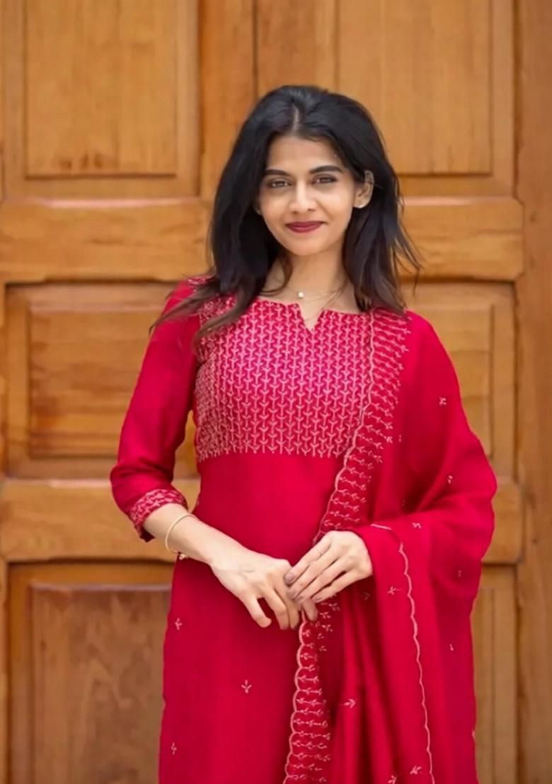 Rani Pink Weaving Work Cotton Kurta Set - Indya