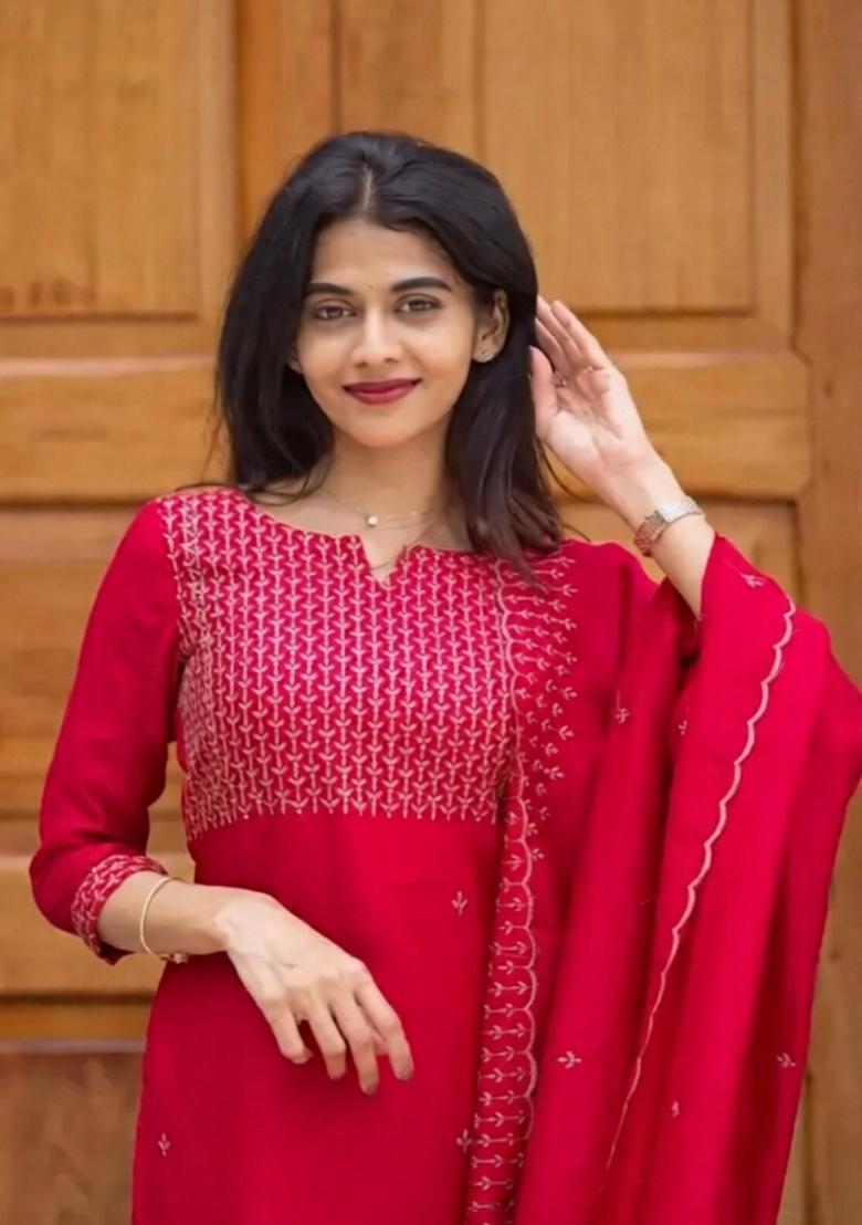 Rani Pink Weaving Work Cotton Kurta Set - Indya