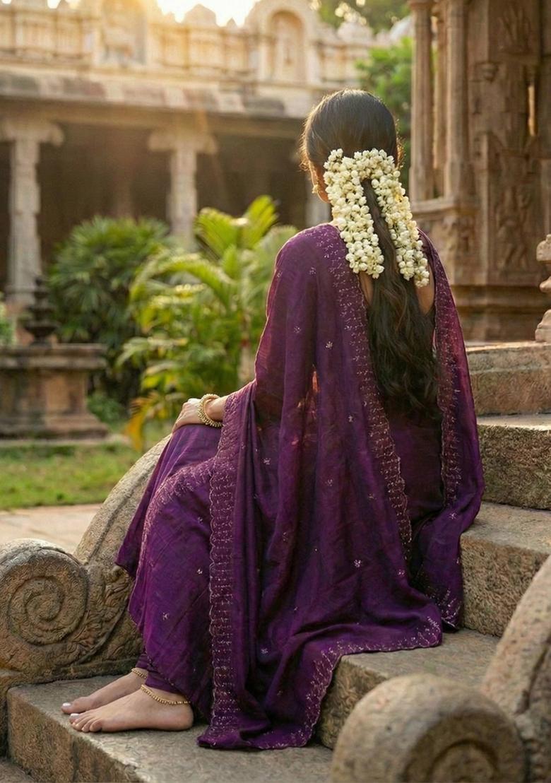 Wine Weaving Work Cotton Kurta Set - Indya