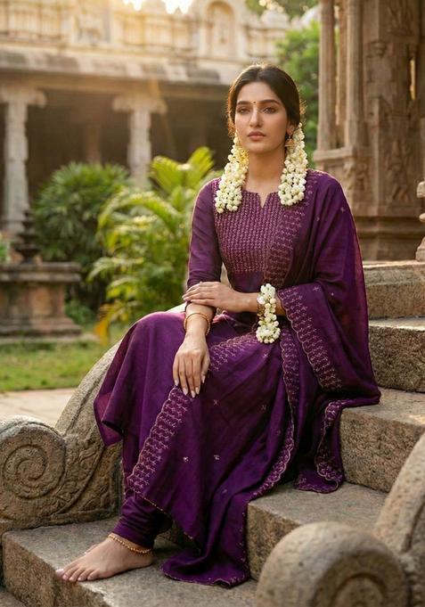 Wine Weaving Work Cotton Kurta Set