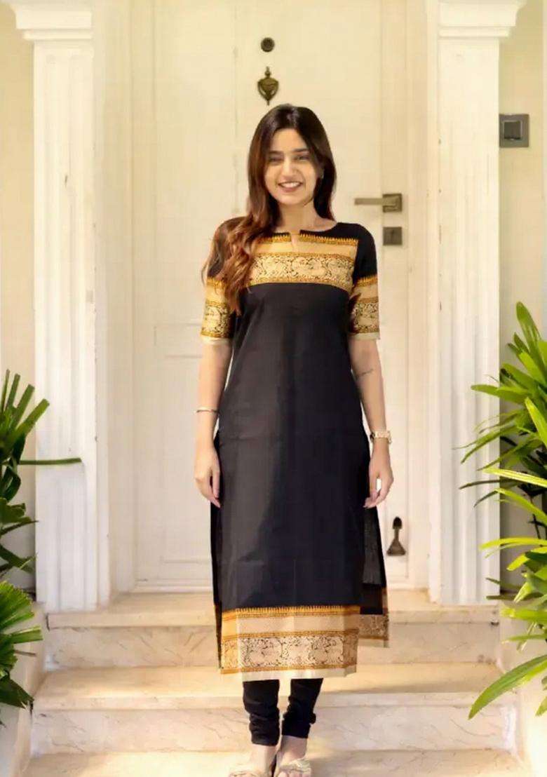Black Weaving Work Cotton Kurta Set - Indya