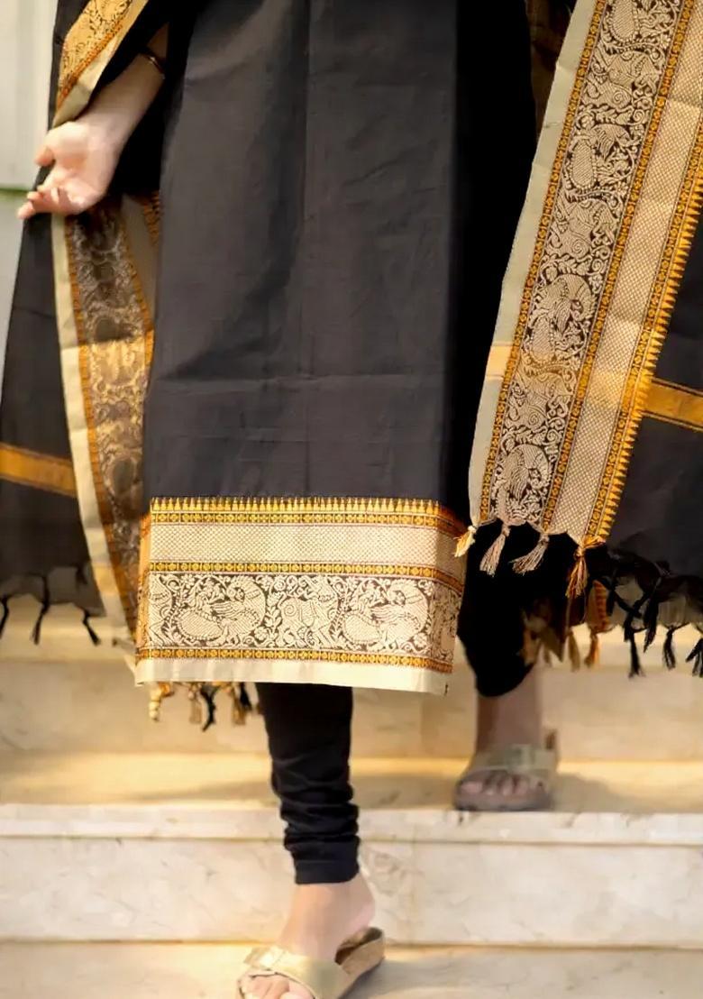 Black Weaving Work Cotton Kurta Set - Indya