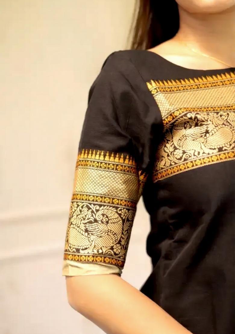 Black Weaving Work Cotton Kurta Set - Indya