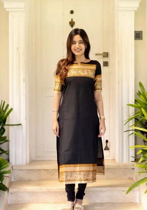 Black Weaving Work Cotton Kurta Set
