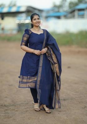 Blue Weaving Work Cotton Kurta Set