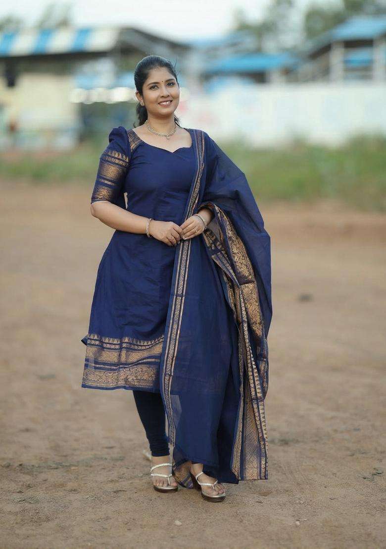 Blue Weaving Work Cotton Kurta Set - Indya