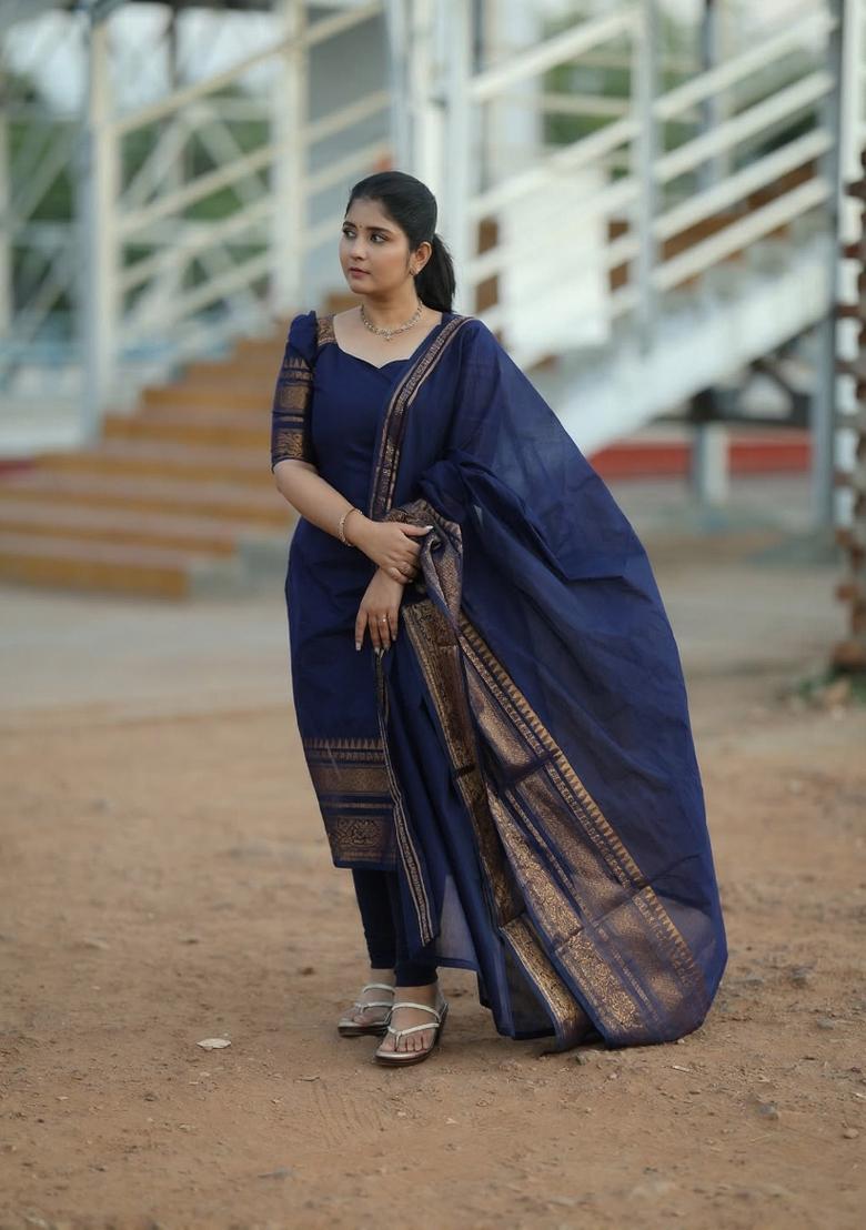 Blue Weaving Work Cotton Kurta Set - Indya