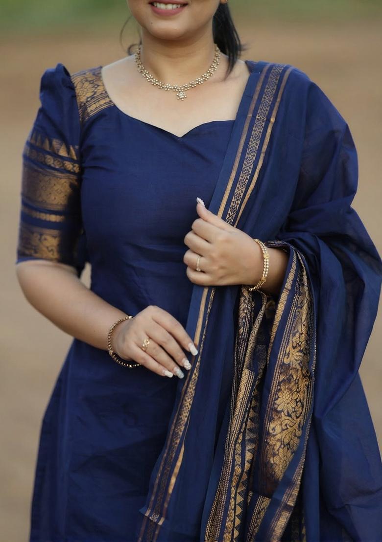 Blue Weaving Work Cotton Kurta Set - Indya