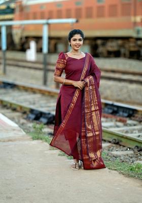 Maroon Weaving Work Cotton Kurta Set