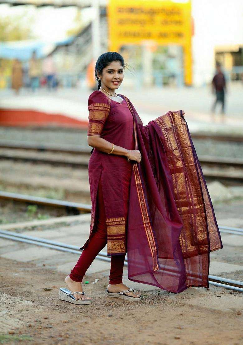 Maroon Weaving Work Cotton Kurta Set - Indya