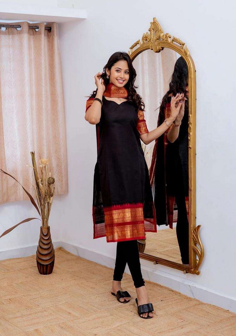 Black Weaving Work Cotton Kurta Set - Indya