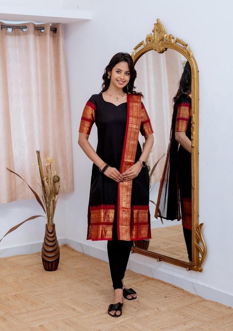 Black Weaving Work Cotton Kurta Set - Indya