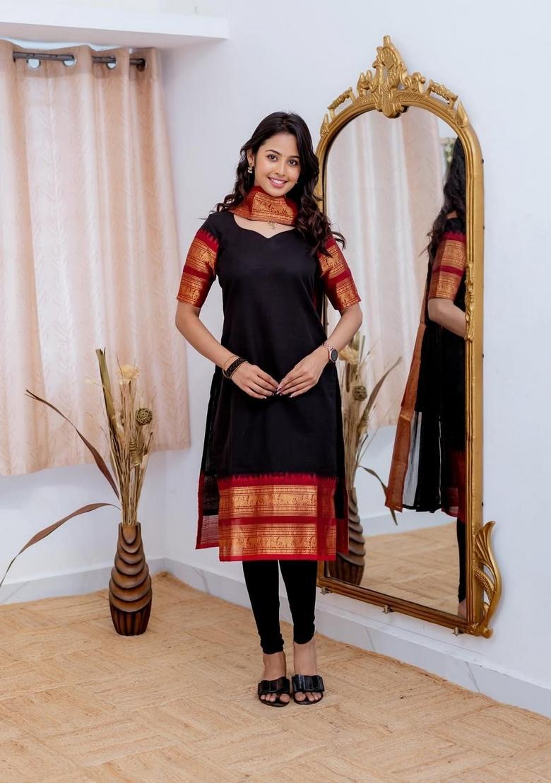 Black Weaving Work Cotton Kurta Set - Indya