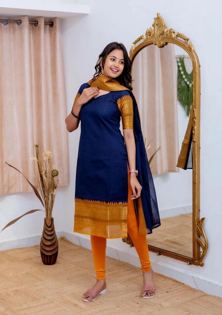 Blue Weaving Work Cotton Kurta Set - Indya