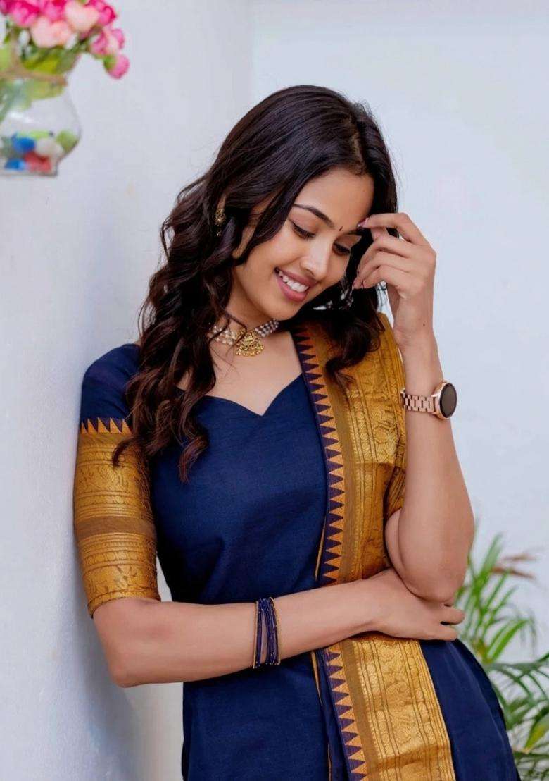 Blue Weaving Work Cotton Kurta Set - Indya