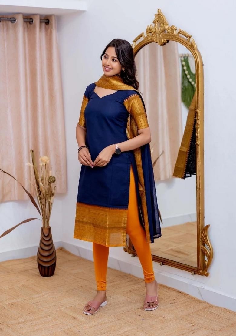 Blue Weaving Work Cotton Kurta Set - Indya