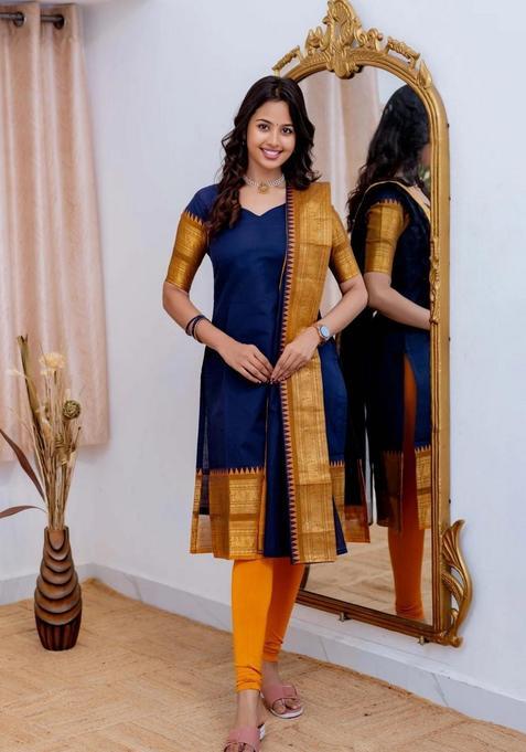 Blue Weaving Work Cotton Kurta Set