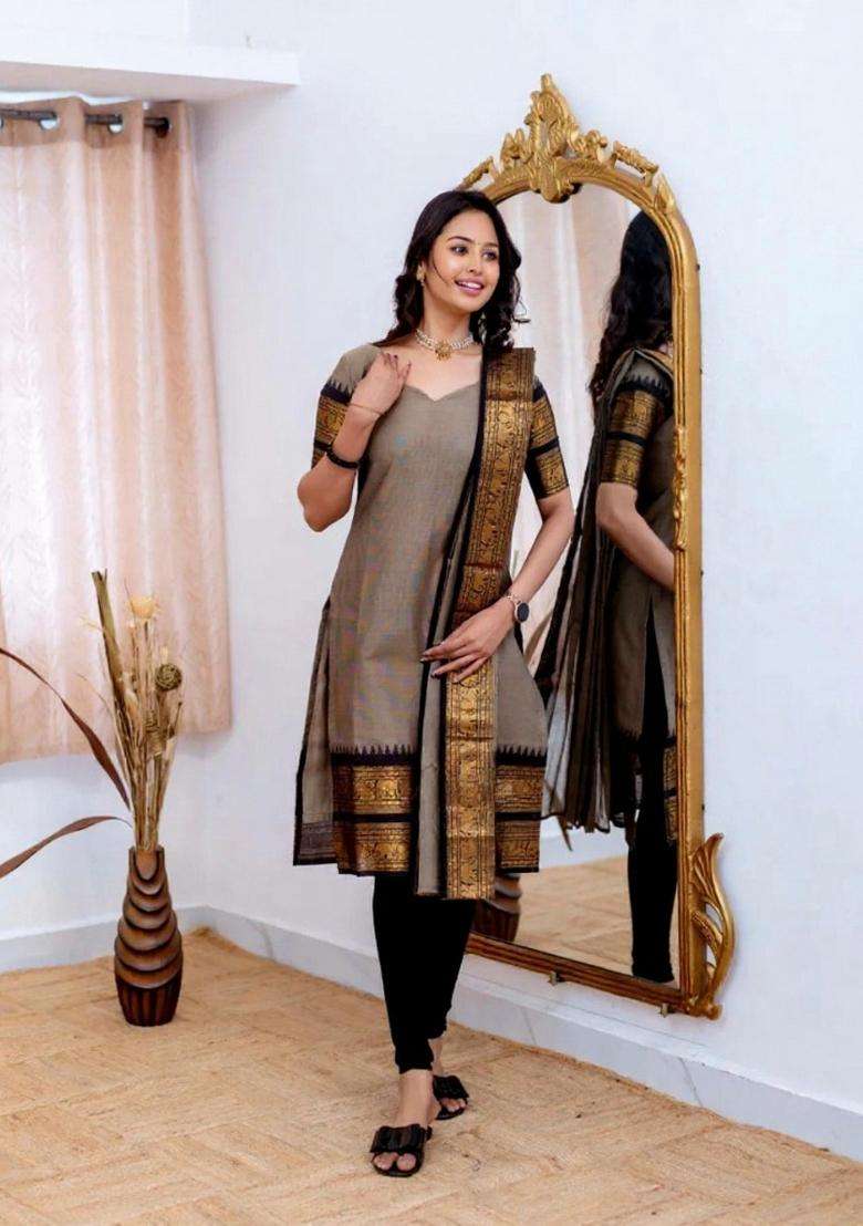 Cream Weaving Work Cotton Kurta Set - Indya