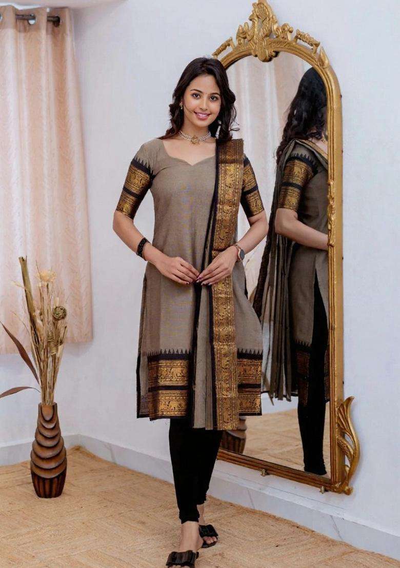 Cream Weaving Work Cotton Kurta Set - Indya
