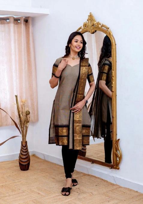 Cream Weaving Work Cotton Kurta Set