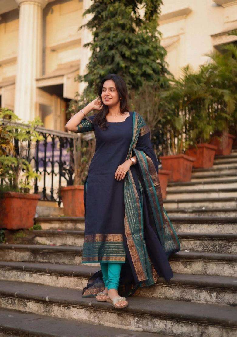 Blue Weaving Work Cotton Kurta Set - Indya