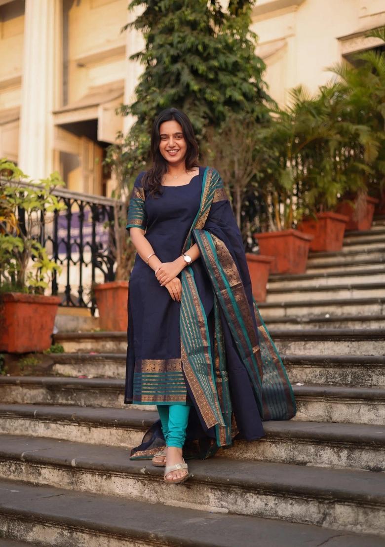 Blue Weaving Work Cotton Kurta Set - Indya