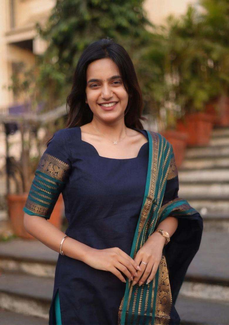 Blue Weaving Work Cotton Kurta Set - Indya