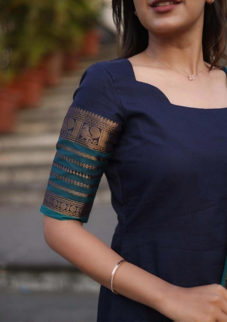 Blue Weaving Work Cotton Kurta Set - Indya