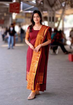 Maroon Weaving Work Cotton Kurta Set