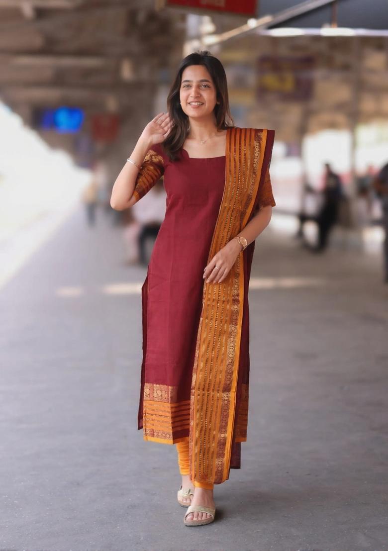 Maroon Weaving Work Cotton Kurta Set - Indya