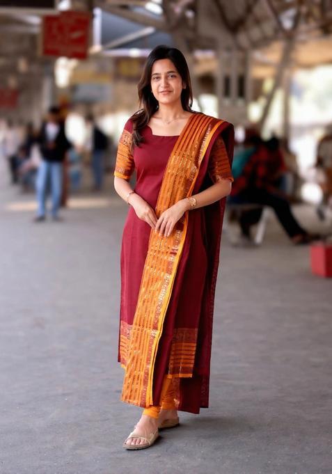 Maroon Weaving Work Cotton Kurta Set