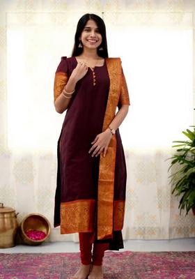 Brown Weaving Work Cotton Kurta Set