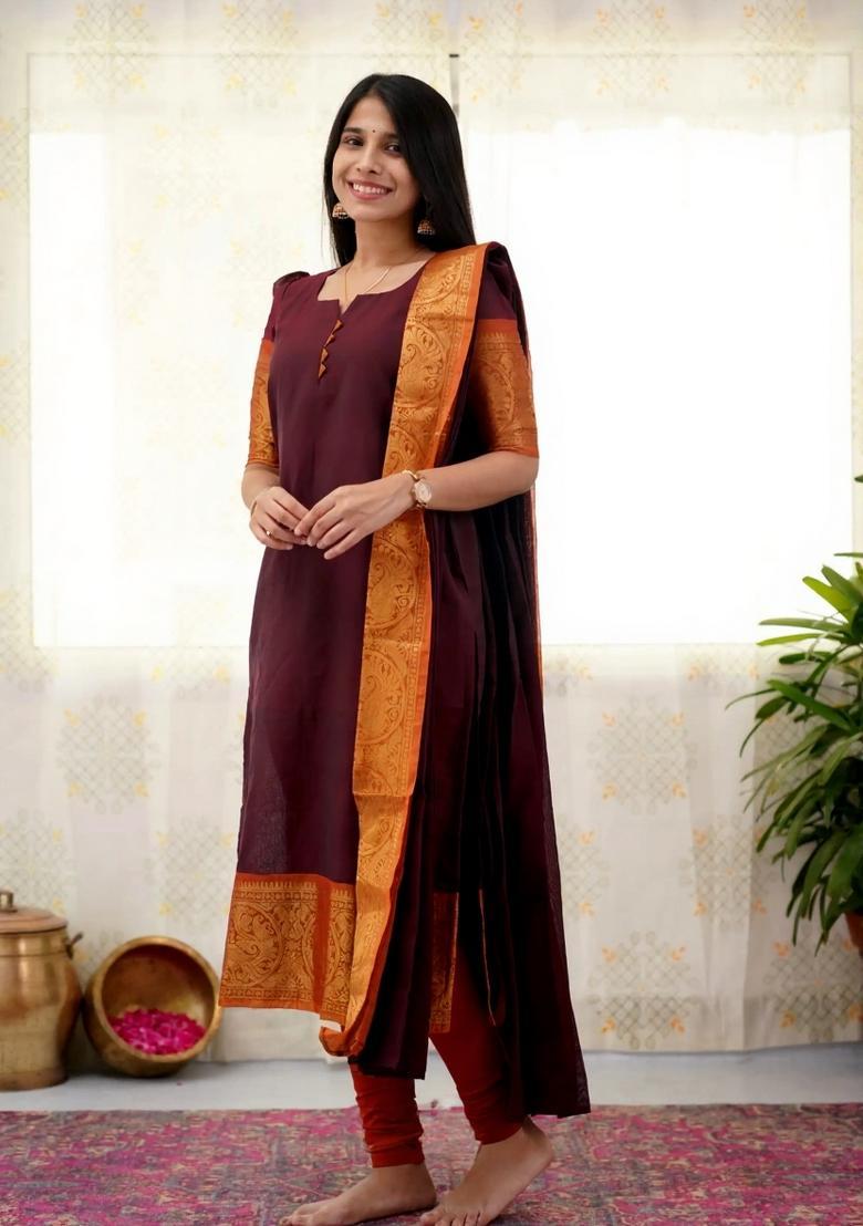 Brown Weaving Work Cotton Kurta Set - Indya