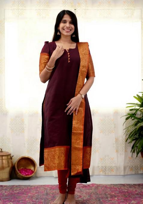 Brown Weaving Work Cotton Kurta Set