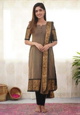 Cream Weaving Work Cotton Kurta Set