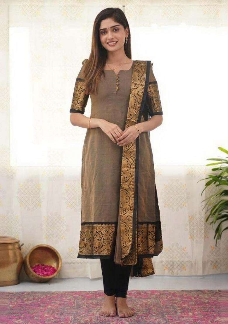 Cream Weaving Work Cotton Kurta Set - Indya