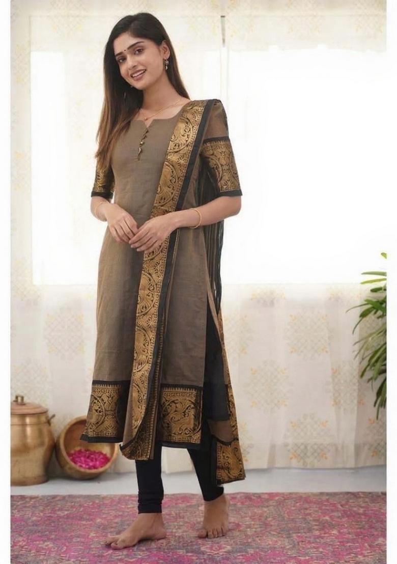 Cream Weaving Work Cotton Kurta Set - Indya